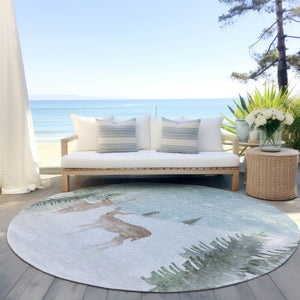 HomeRoots 8' Sky Blue Deer Area Rug - Stylish Washable Indoor/Outdoor Round Rug with Durable Design & Easy Care 621558