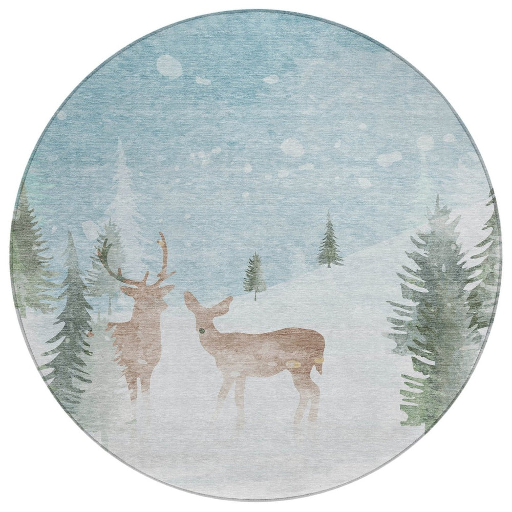 HomeRoots 8' Sky Blue Deer Area Rug - Stylish Washable Indoor/Outdoor Round Rug with Durable Design & Easy Care 621558