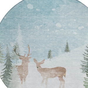 HomeRoots 8' Sky Blue Deer Area Rug - Stylish Washable Indoor/Outdoor Round Rug with Durable Design & Easy Care 621558