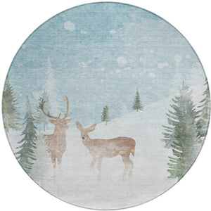 HomeRoots 8' Sky Blue Deer Area Rug - Stylish Washable Indoor/Outdoor Round Rug with Durable Design & Easy Care 621558