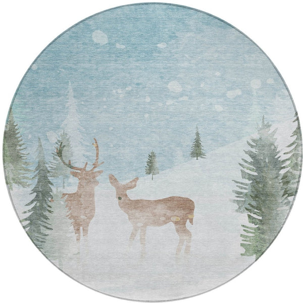 HomeRoots 8' Sky Blue Deer Area Rug - Stylish Washable Indoor/Outdoor Round Rug with Durable Design & Easy Care 621558