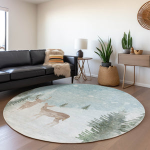 HomeRoots 8' Sky Blue Deer Area Rug - Stylish Washable Indoor/Outdoor Round Rug with Durable Design & Easy Care 621558