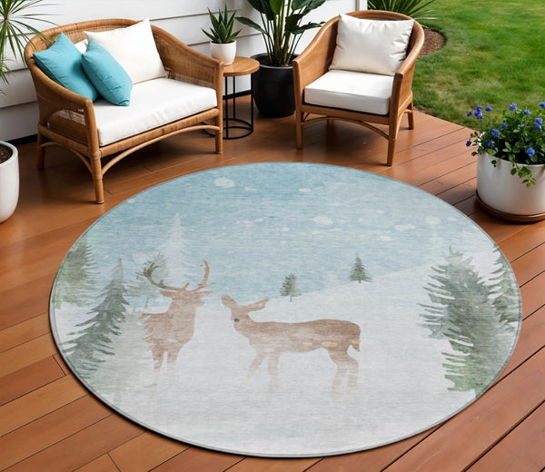 HomeRoots 8' Sky Blue Deer Area Rug - Stylish Washable Indoor/Outdoor Round Rug with Durable Design & Easy Care 621558