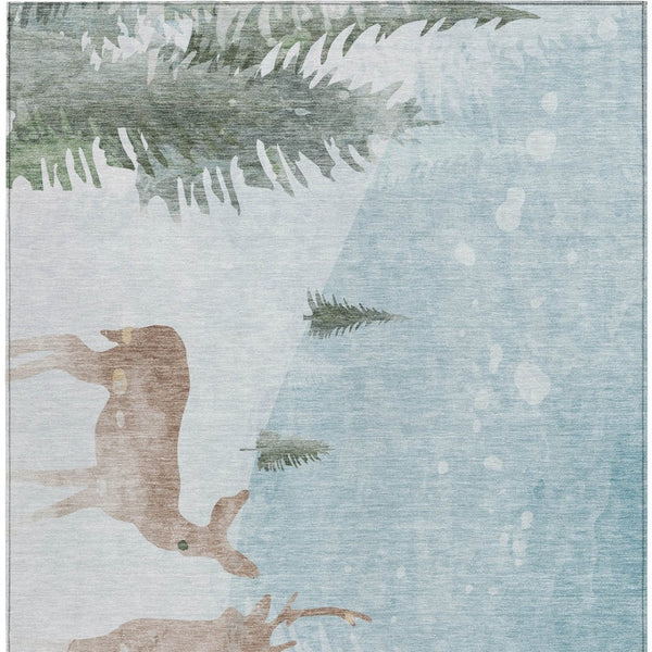HomeRoots 8' X 10' Deer Washable Area Rug in Sky Blue, Sage & Khaki - Durable, Stylish for Indoor & Outdoor Use 621559