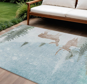 HomeRoots 10' Sky Blue Deer Washable Area Rug - Indoor/Outdoor Durable Design for High-Traffic Spaces 621561