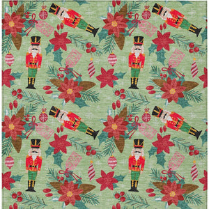 HomeRoots 5' Floral Washable Area Rug in Artichoke Green, Red, and Pink - Indoor/Outdoor Durable Charm 621563