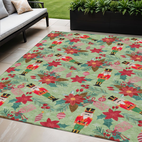 HomeRoots 5' Floral Washable Area Rug in Artichoke Green, Red, and Pink - Indoor/Outdoor Durable Charm 621563