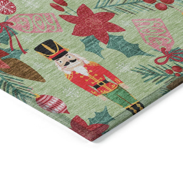 HomeRoots 5' Floral Washable Area Rug in Artichoke Green, Red, and Pink - Indoor/Outdoor Durable Charm 621563