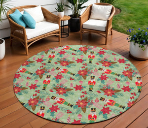 HomeRoots 8' Round Floral Area Rug – Vibrant Artichoke Green, Red, Pink, and Black for Indoor & Outdoor Use 621564