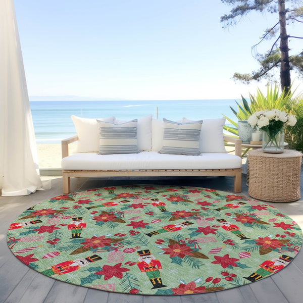 HomeRoots 8' Round Floral Area Rug – Vibrant Artichoke Green, Red, Pink, and Black for Indoor & Outdoor Use 621564