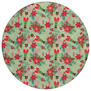 HomeRoots 8' Round Floral Area Rug – Vibrant Artichoke Green, Red, Pink, and Black for Indoor & Outdoor Use 621564