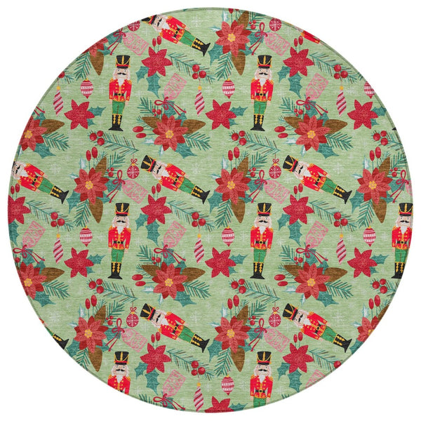 HomeRoots 8' Round Floral Area Rug – Vibrant Artichoke Green, Red, Pink, and Black for Indoor & Outdoor Use 621564
