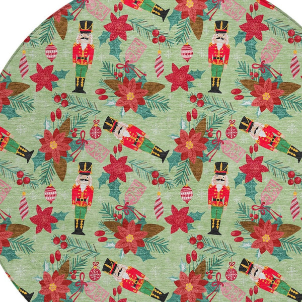 HomeRoots 8' Round Floral Area Rug – Vibrant Artichoke Green, Red, Pink, and Black for Indoor & Outdoor Use 621564