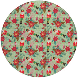HomeRoots 8' Round Floral Area Rug – Vibrant Artichoke Green, Red, Pink, and Black for Indoor & Outdoor Use 621564