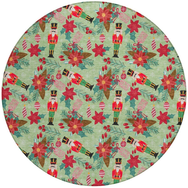 HomeRoots 8' Round Floral Area Rug – Vibrant Artichoke Green, Red, Pink, and Black for Indoor & Outdoor Use 621564