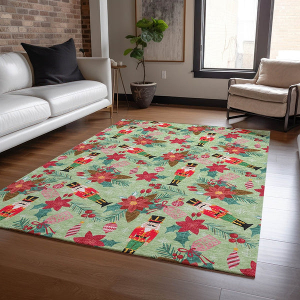 HomeRoots 10' Artichoke Green Floral Washable Area Rug - Indoor/Outdoor Durable, Stylish, Easy-Care Design 621567