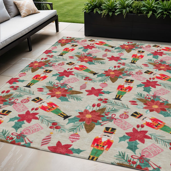 HomeRoots 5' X 8' Floral Washable Area Rug - Durable Indoor/Outdoor Mat in Beige, Red, Black, Pink & Brown 621569