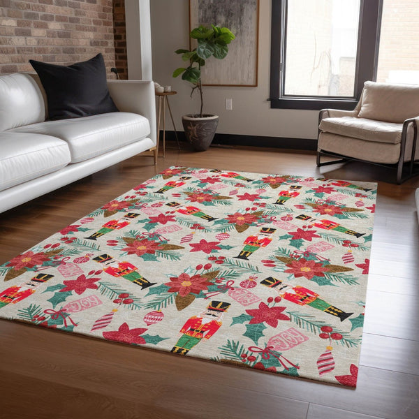 HomeRoots 5' X 8' Floral Washable Area Rug - Durable Indoor/Outdoor Mat in Beige, Red, Black, Pink & Brown 621569