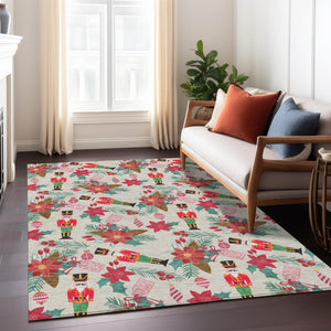 HomeRoots 5' X 8' Floral Washable Area Rug - Durable Indoor/Outdoor Mat in Beige, Red, Black, Pink & Brown 621569