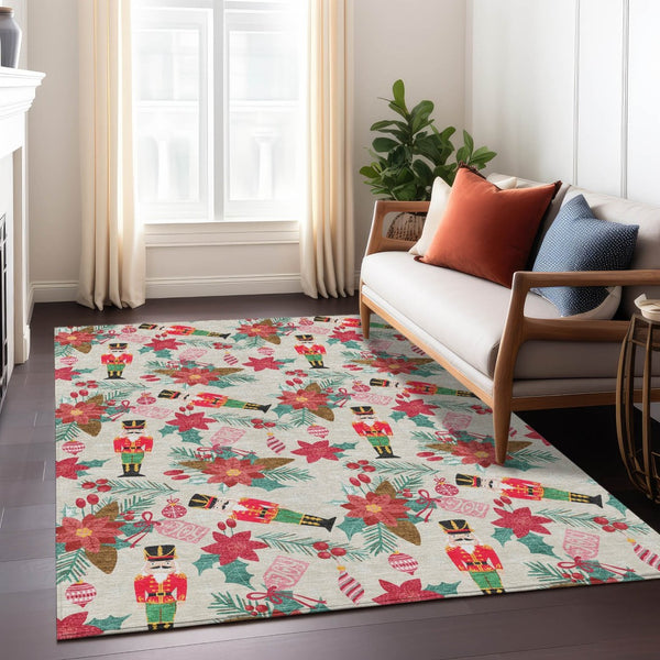 HomeRoots 5' X 8' Floral Washable Area Rug - Durable Indoor/Outdoor Mat in Beige, Red, Black, Pink & Brown 621569