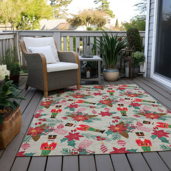 HomeRoots 5' X 8' Floral Washable Area Rug - Durable Indoor/Outdoor Mat in Beige, Red, Black, Pink & Brown 621569