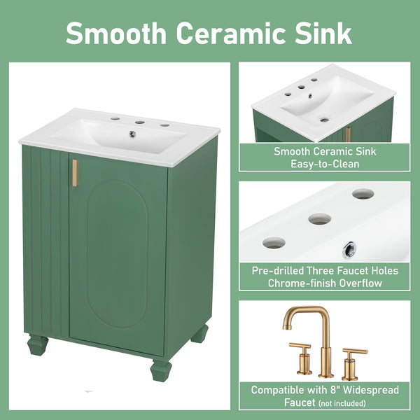 English Elm Christopher Knight Home® - 24" Retro Bathroom Vanity with Ceramic Sink, Solid Wood Frame, Soft-Close Door, Ample Storage Green N759P293645F
