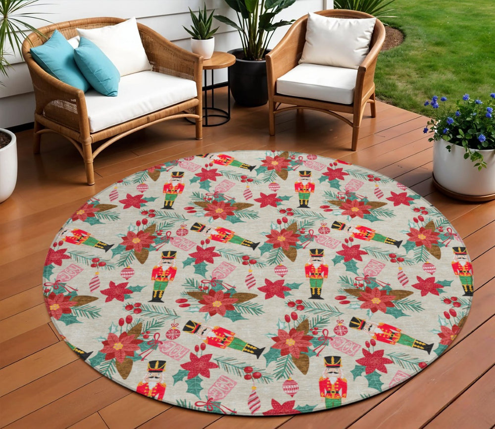 HomeRoots 8' Round Floral Area Rug - Beige, Red, Black, Pink & Brown - Washable & Durable for Indoor/Outdoor Use 621570