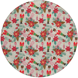 HomeRoots 8' Round Floral Area Rug - Beige, Red, Black, Pink & Brown - Washable & Durable for Indoor/Outdoor Use 621570