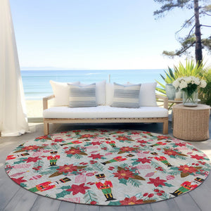 HomeRoots 8' Round Floral Area Rug - Beige, Red, Black, Pink & Brown - Washable & Durable for Indoor/Outdoor Use 621570