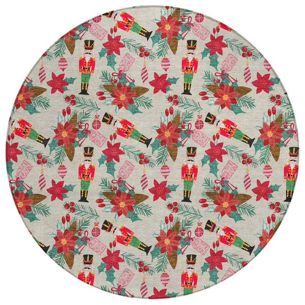 HomeRoots 8' Round Floral Area Rug - Beige, Red, Black, Pink & Brown - Washable & Durable for Indoor/Outdoor Use 621570