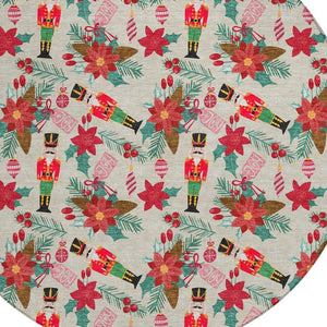 HomeRoots 8' Round Floral Area Rug - Beige, Red, Black, Pink & Brown - Washable & Durable for Indoor/Outdoor Use 621570