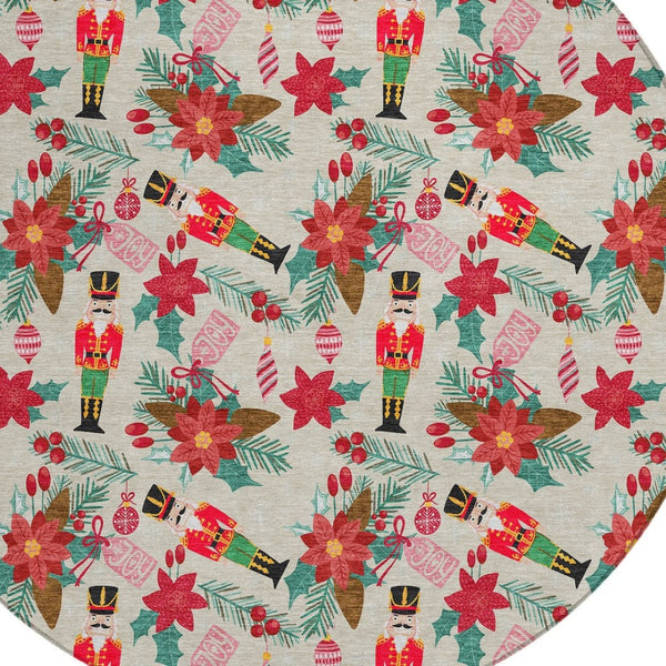 HomeRoots 8' Round Floral Area Rug - Beige, Red, Black, Pink & Brown - Washable & Durable for Indoor/Outdoor Use 621570