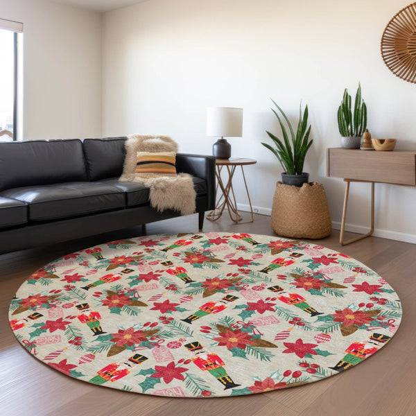 HomeRoots 8' Round Floral Area Rug - Beige, Red, Black, Pink & Brown - Washable & Durable for Indoor/Outdoor Use 621570