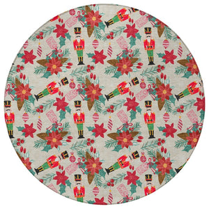 HomeRoots 8' Round Floral Area Rug - Beige, Red, Black, Pink & Brown - Washable & Durable for Indoor/Outdoor Use 621570