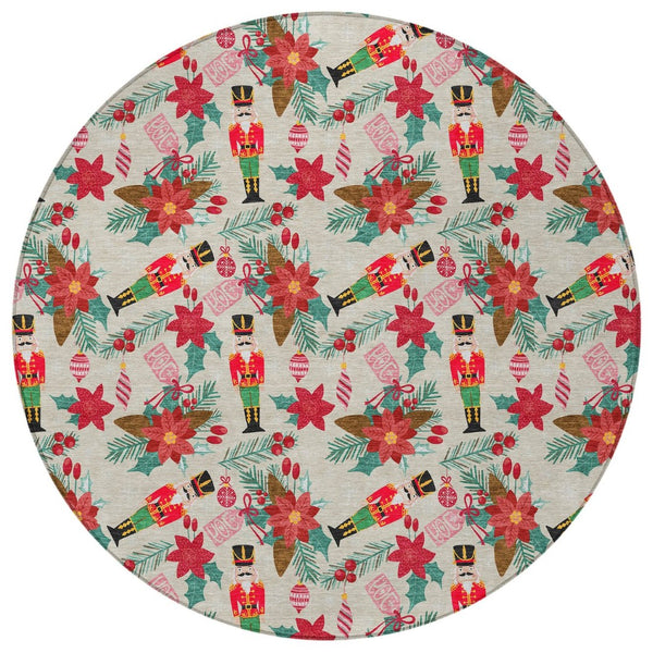 HomeRoots 8' Round Floral Area Rug - Beige, Red, Black, Pink & Brown - Washable & Durable for Indoor/Outdoor Use 621570