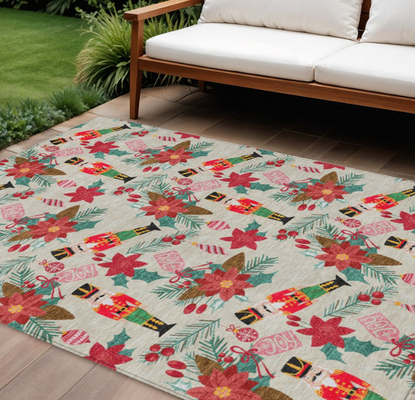 HomeRoots 10' Washable Floral Area Rug - 10' x 14' Indoor Outdoor Durable Design in Beige, Red, and Brown 621573
