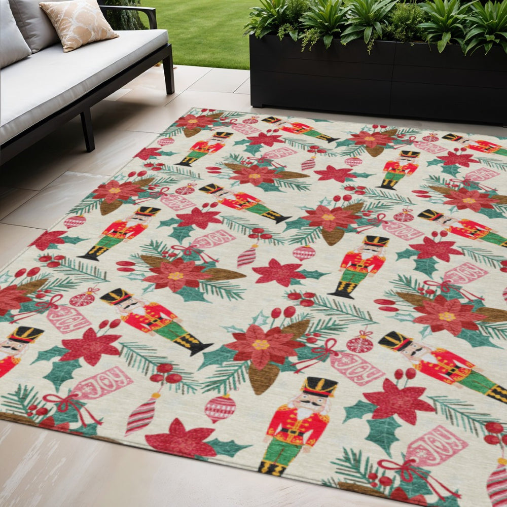 HomeRoots 5' X 8' Floral Area Rug – Durable, Machine Washable, Indoor/Outdoor Use with Elegant Ivory & Colorful Accents 621581