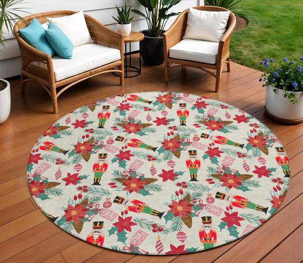 HomeRoots 8' Round Floral Indoor Outdoor Area Rug - Vibrant Ivory, Red, Black, Pink & Brown, Washable & Durable 621582