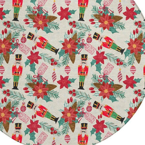 HomeRoots 8' Round Floral Indoor Outdoor Area Rug - Vibrant Ivory, Red, Black, Pink & Brown, Washable & Durable 621582