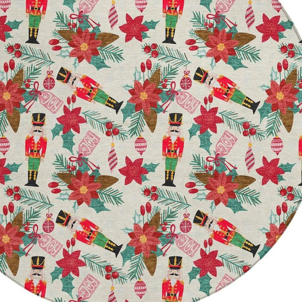 HomeRoots 8' Round Floral Indoor Outdoor Area Rug - Vibrant Ivory, Red, Black, Pink & Brown, Washable & Durable 621582