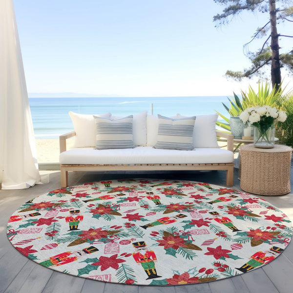 HomeRoots 8' Round Floral Indoor Outdoor Area Rug - Vibrant Ivory, Red, Black, Pink & Brown, Washable & Durable 621582