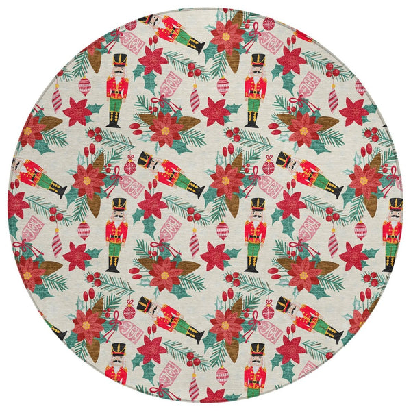 HomeRoots 8' Round Floral Indoor Outdoor Area Rug - Vibrant Ivory, Red, Black, Pink & Brown, Washable & Durable 621582