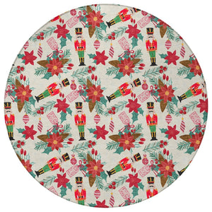 HomeRoots 8' Round Floral Indoor Outdoor Area Rug - Vibrant Ivory, Red, Black, Pink & Brown, Washable & Durable 621582