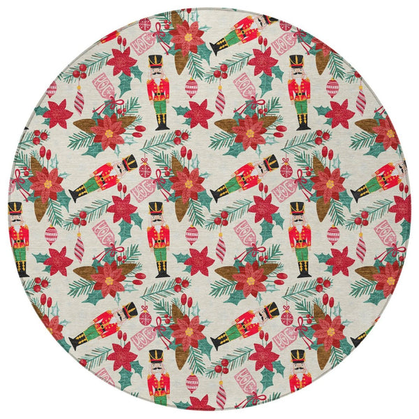 HomeRoots 8' Round Floral Indoor Outdoor Area Rug - Vibrant Ivory, Red, Black, Pink & Brown, Washable & Durable 621582