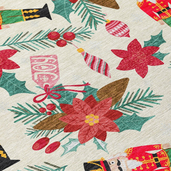 HomeRoots 8' Round Floral Indoor Outdoor Area Rug - Vibrant Ivory, Red, Black, Pink & Brown, Washable & Durable 621582