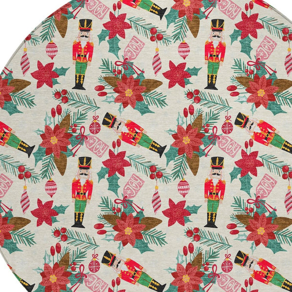HomeRoots 8' Round Floral Indoor Outdoor Area Rug - Vibrant Ivory, Red, Black, Pink & Brown, Washable & Durable 621582