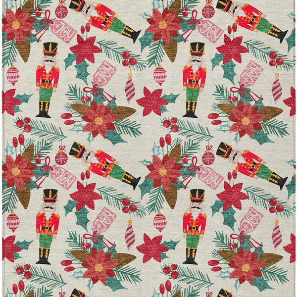 HomeRoots 9' Floral Area Rug - Ivory, Red, Black & Pink - Washable Indoor/Outdoor Mat for High-Traffic Homes 621584