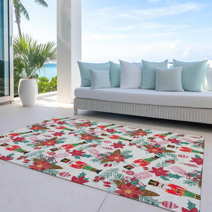 HomeRoots 9' Floral Area Rug - Ivory, Red, Black & Pink - Washable Indoor/Outdoor Mat for High-Traffic Homes 621584