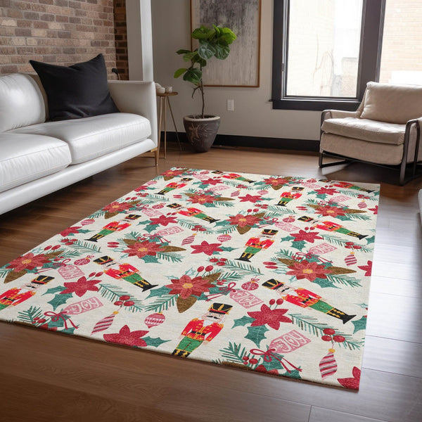 HomeRoots 9' Floral Area Rug - Ivory, Red, Black & Pink - Washable Indoor/Outdoor Mat for High-Traffic Homes 621584