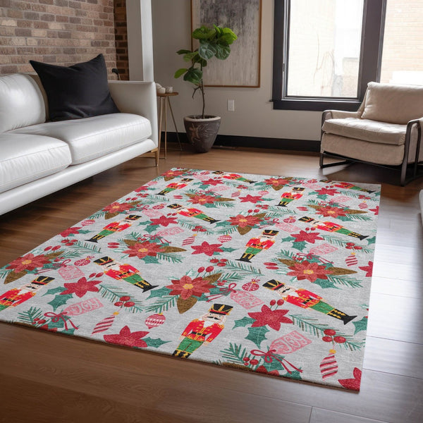 HomeRoots 5' Floral Washable Area Rug in Silver, Red, Black, Pink & Brown - Durable, Stylish & Versatile 621593
